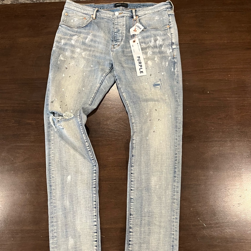 They don’t fit on me: Purple Men's Light Blue Distressed Skinny Jeans